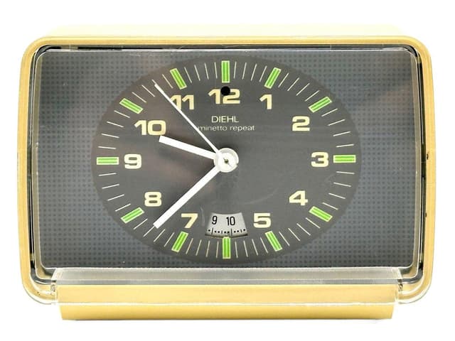 Zegar stołowy Minetto Repeat, plastik kość słoniowa, Niemcy, lata 80. - WYMIARY