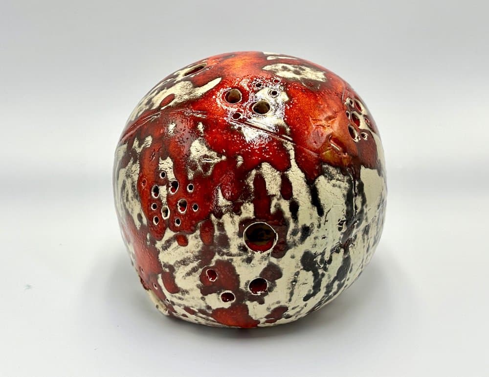 Świecznik kulisty, czerwony, ceramika, Niemcy, lata 70. - 155835