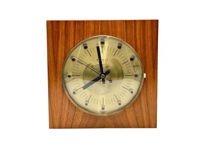 Zegar ścienny, teak brązowy, mosiądz złoty, Niemcy, lata 60.