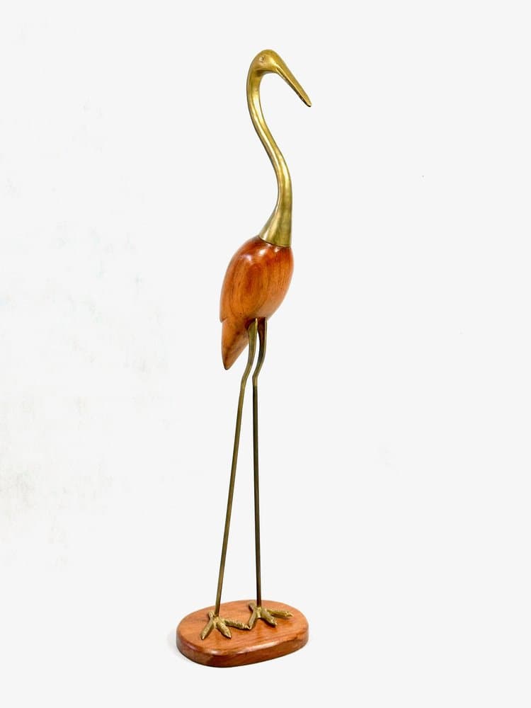 Heron figurine, brown teak, golden brass, Denmark, 1960s - 155920