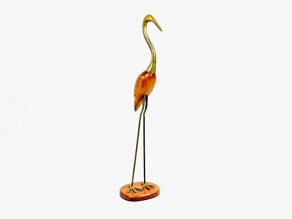 Heron figurine, brown teak, golden brass, Denmark, 1960s - 155923