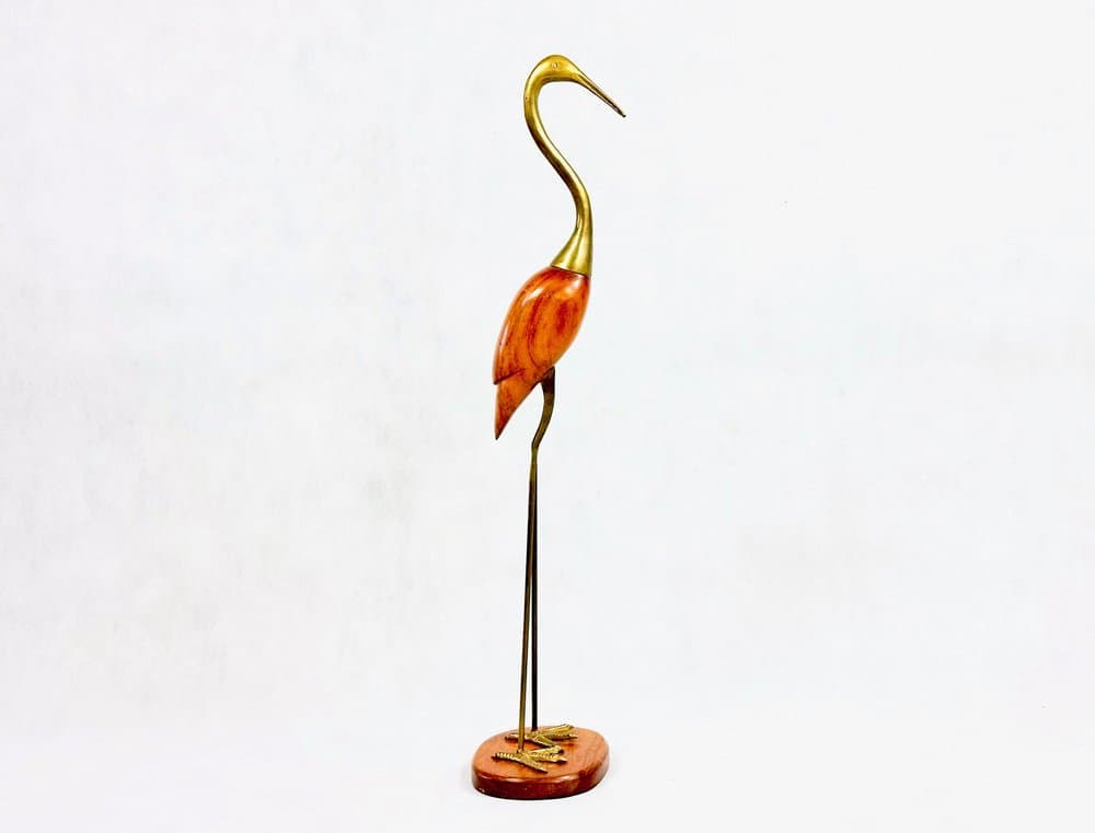 Heron figurine, brown teak, golden brass, Denmark, 1960s - 155922