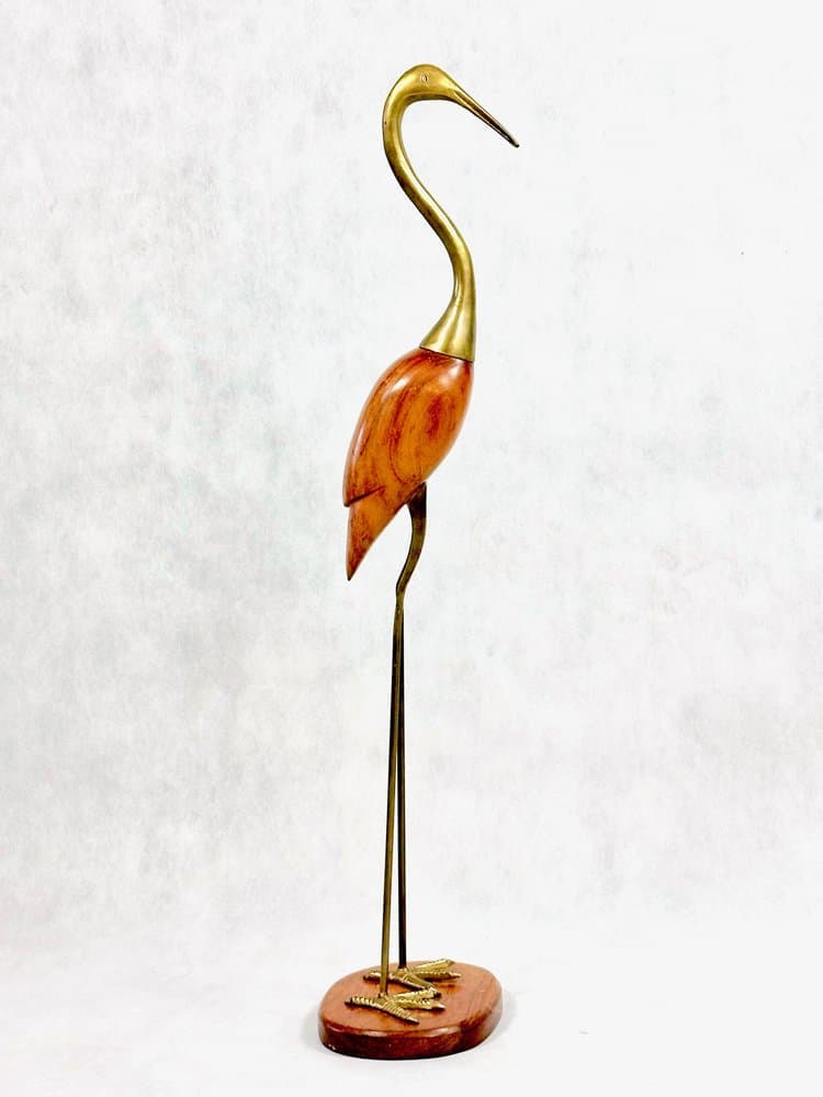 Heron figurine, brown teak, golden brass, Denmark, 1960s - 155921