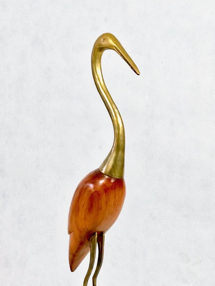 Heron figurine, brown teak, golden brass, Denmark, 1960s - 155929