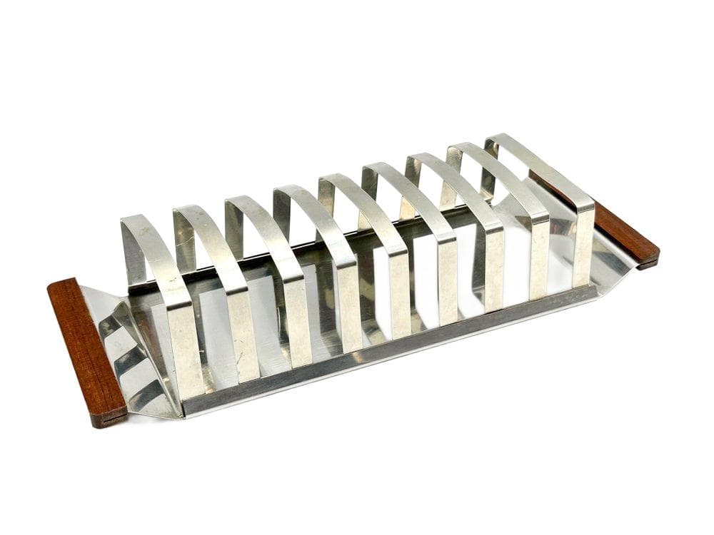 Toast rack, silver chrome steel, brown teak, Germany, 1970s