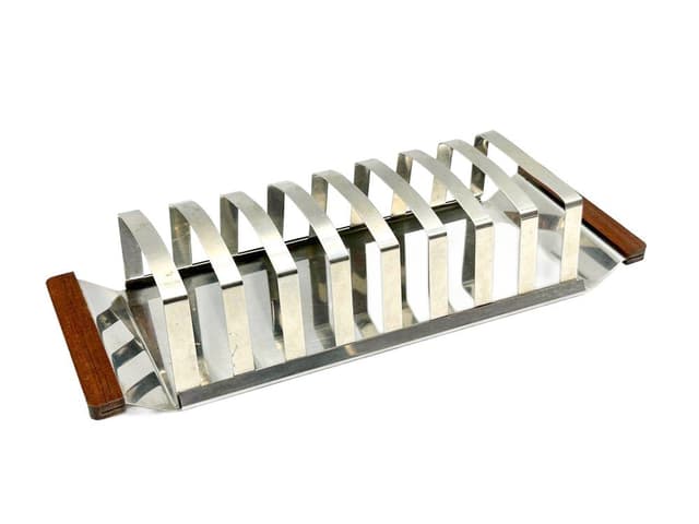 Toast rack, silver chrome steel, brown teak, Germany, 1970s - DIMENSION