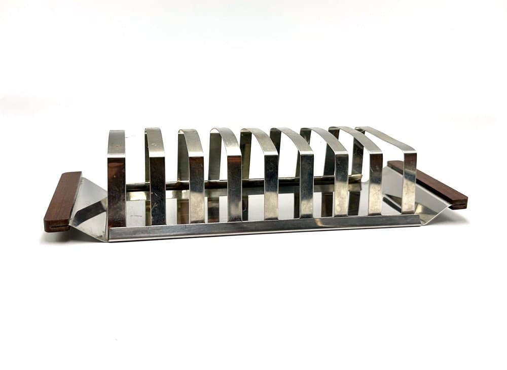 Toast rack, silver chrome steel, brown teak, Germany, 1970s - 156010