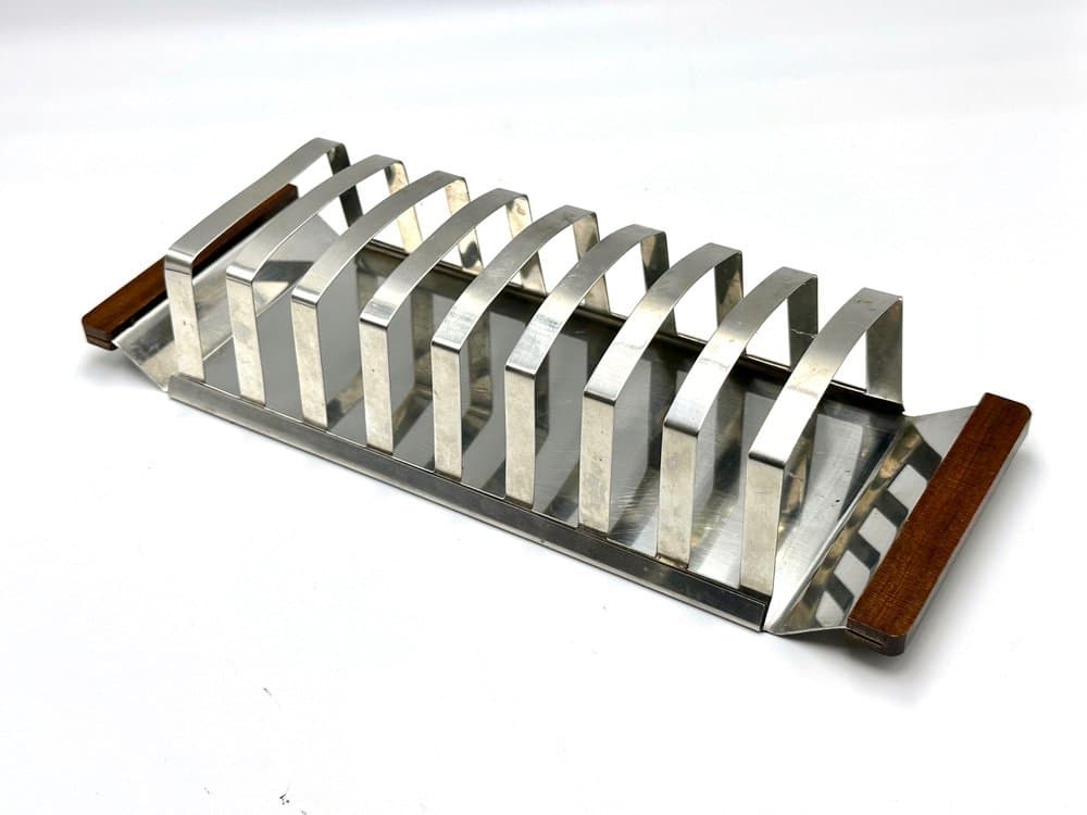 Toast rack, silver chrome steel, brown teak, Germany, 1970s - 156012