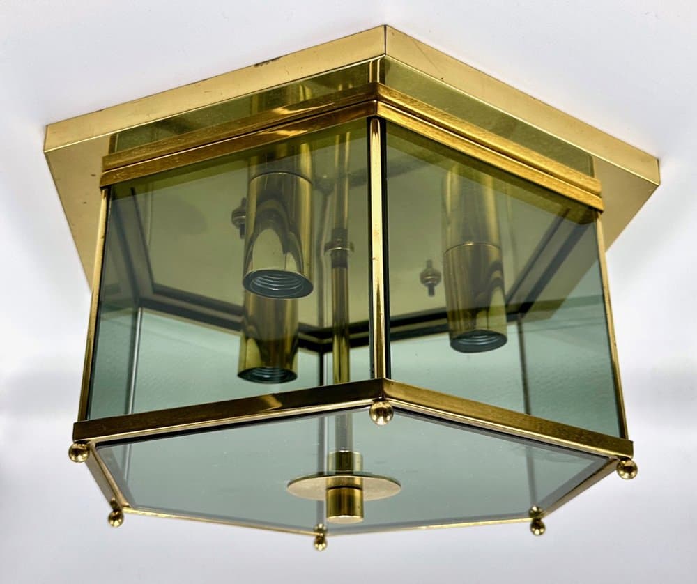 Lampa sufitowa modernistyczna, mosiądz złoty, szkło dymione, proj. L. Colani, Niemcy, lata 70. - 156025