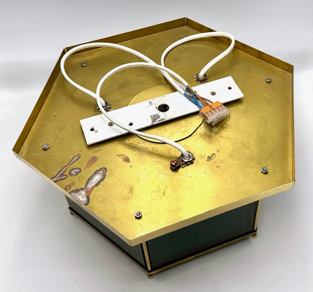 Lampa sufitowa modernistyczna, mosiądz złoty, szkło dymione, proj. L. Colani, Niemcy, lata 70. - 156026