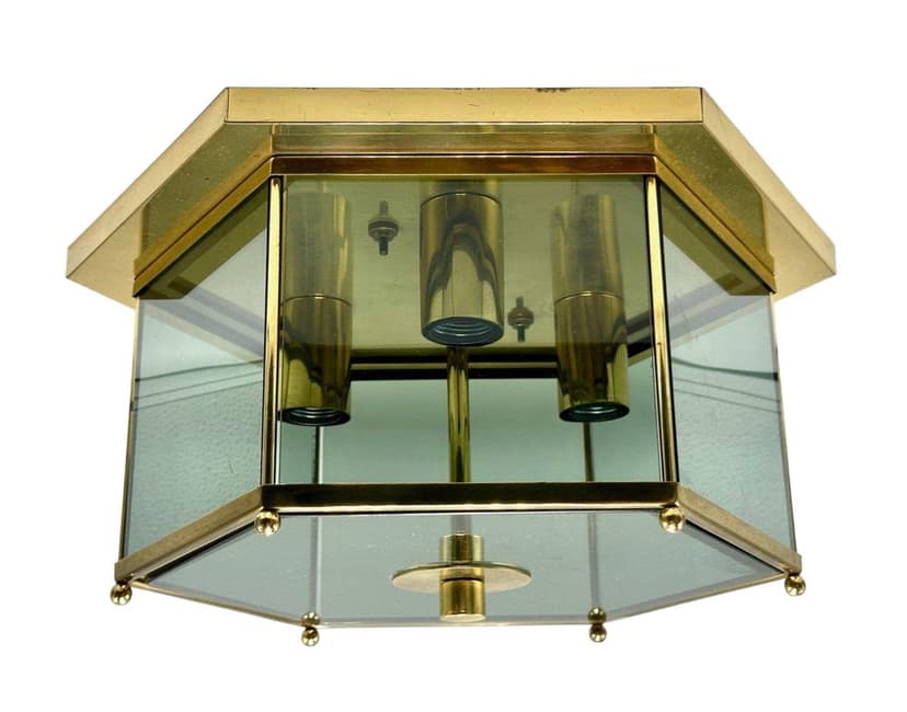 Lampa sufitowa modernistyczna, mosiądz złoty, szkło dymione, proj. L. Colani, Niemcy, lata 70.