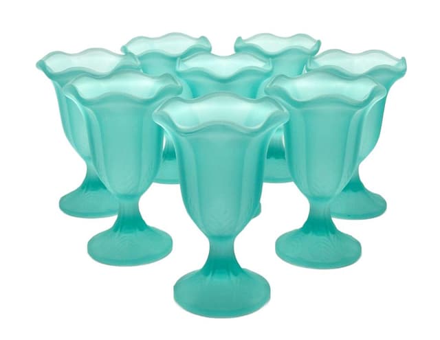 komplet pucharów deserowych Tulip, turkusowe szkło matowe, Luksemburg, lata 60. - WYMIARY