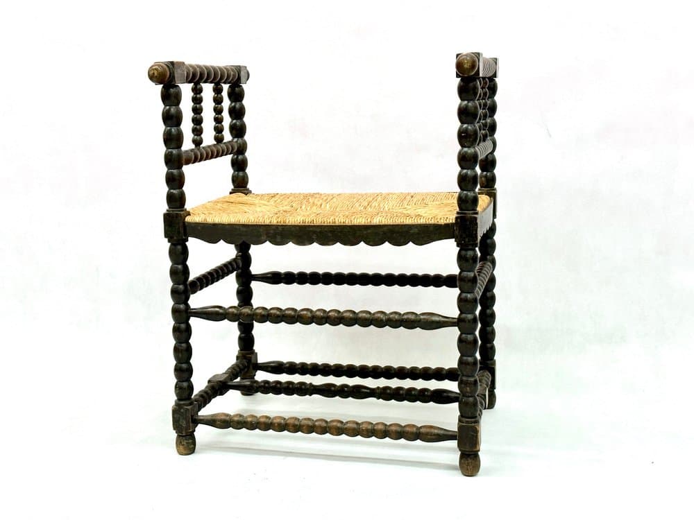 Bench Jacobean, black ebonised oak, beige rush, Netherlands, 19th c. - 156133