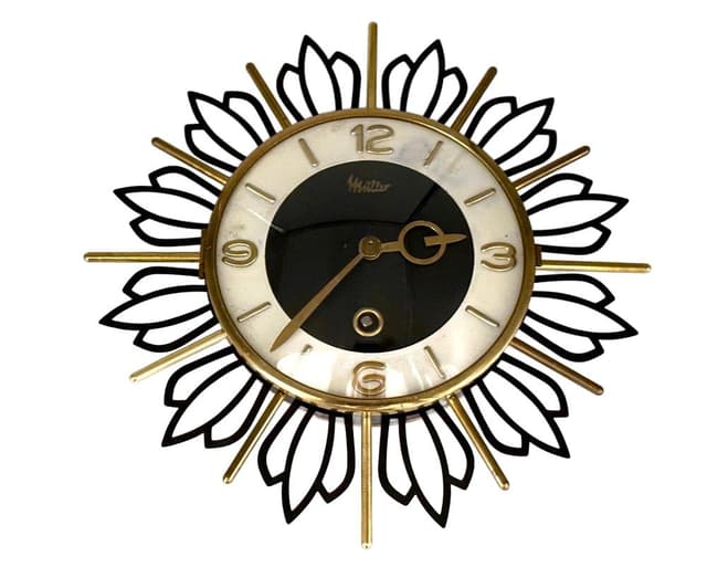 Wall Clock Sunburst, black gold, brass steel glass, Germany, 1960s. - DIMENSION