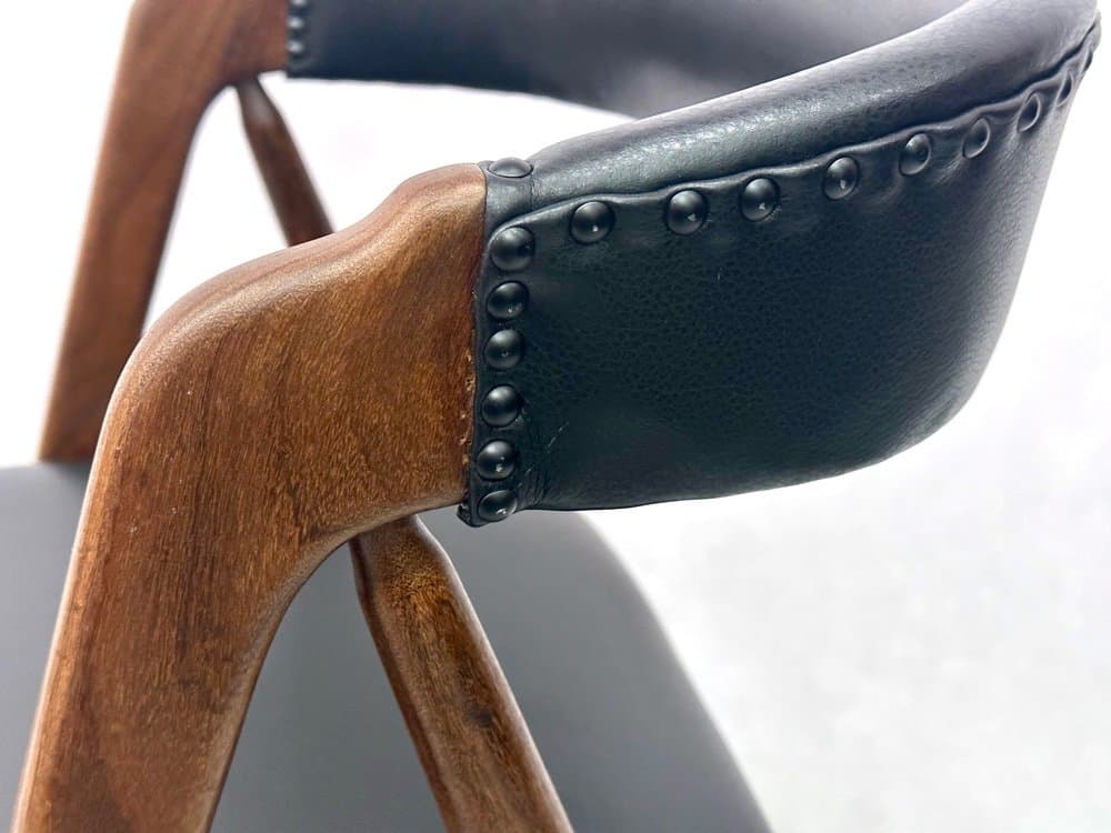 Dining Chair, light brown teak, black leather, by T. Harlev, Denmark, 1960s. - 156334