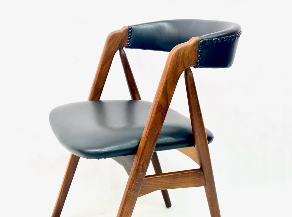 Dining Chair, light brown teak, black leather, by T. Harlev, Denmark, 1960s. - 156333