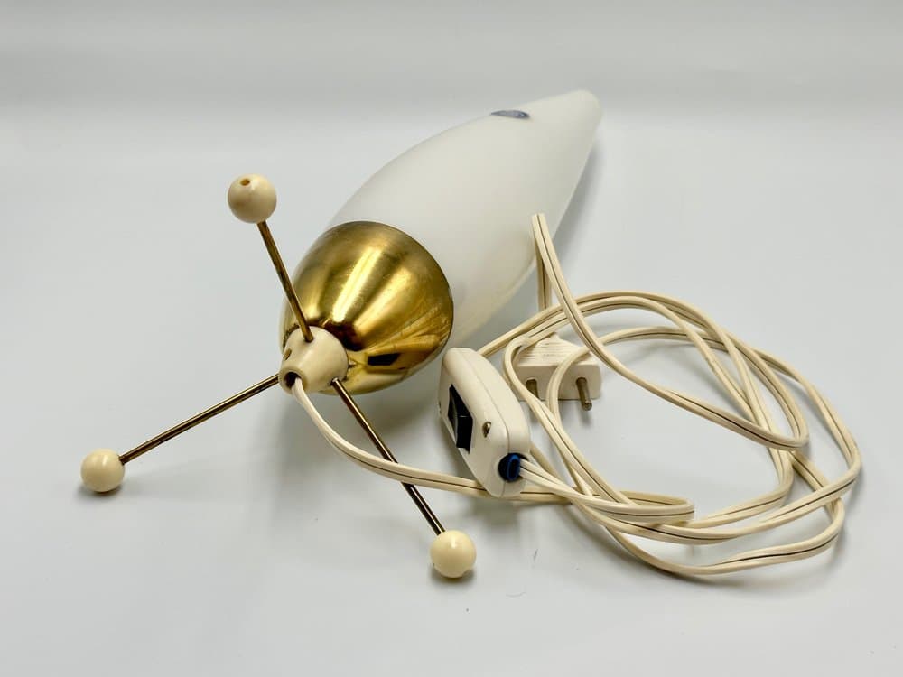 Lampa stołowa nocna, złoty, szkło białe, mosiądz złoty, Kamenický Šenov, Czechy, lata 50. - 156378