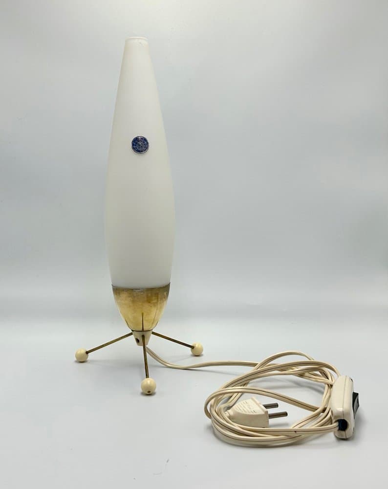 Lampa stołowa nocna, złoty, szkło białe, mosiądz złoty, Kamenický Šenov, Czechy, lata 50. - 156376