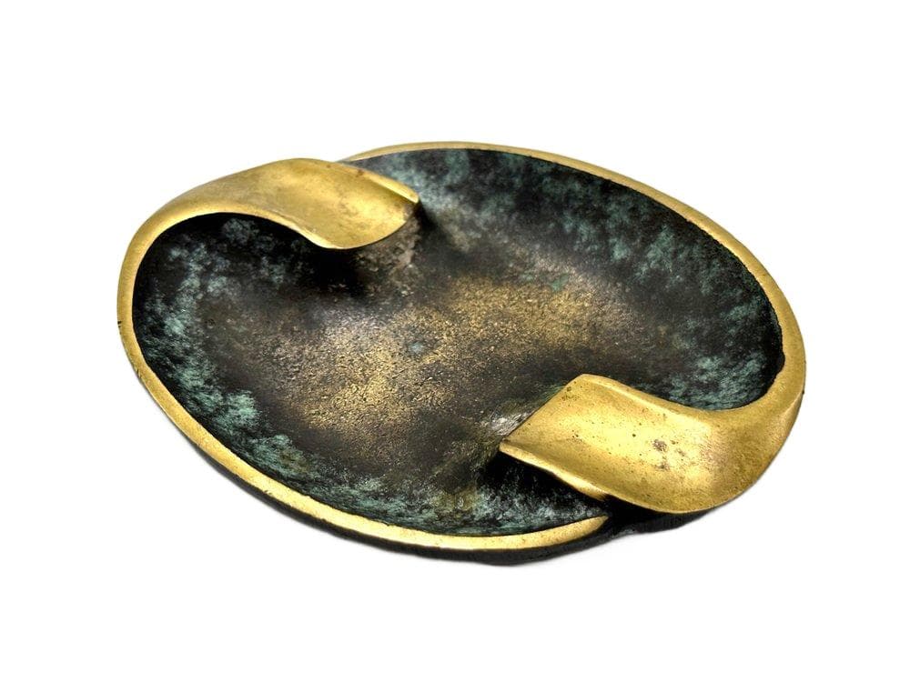 Popielniczka eliptyczna, zielony, mosiądz złoty, Austria, lata 50.