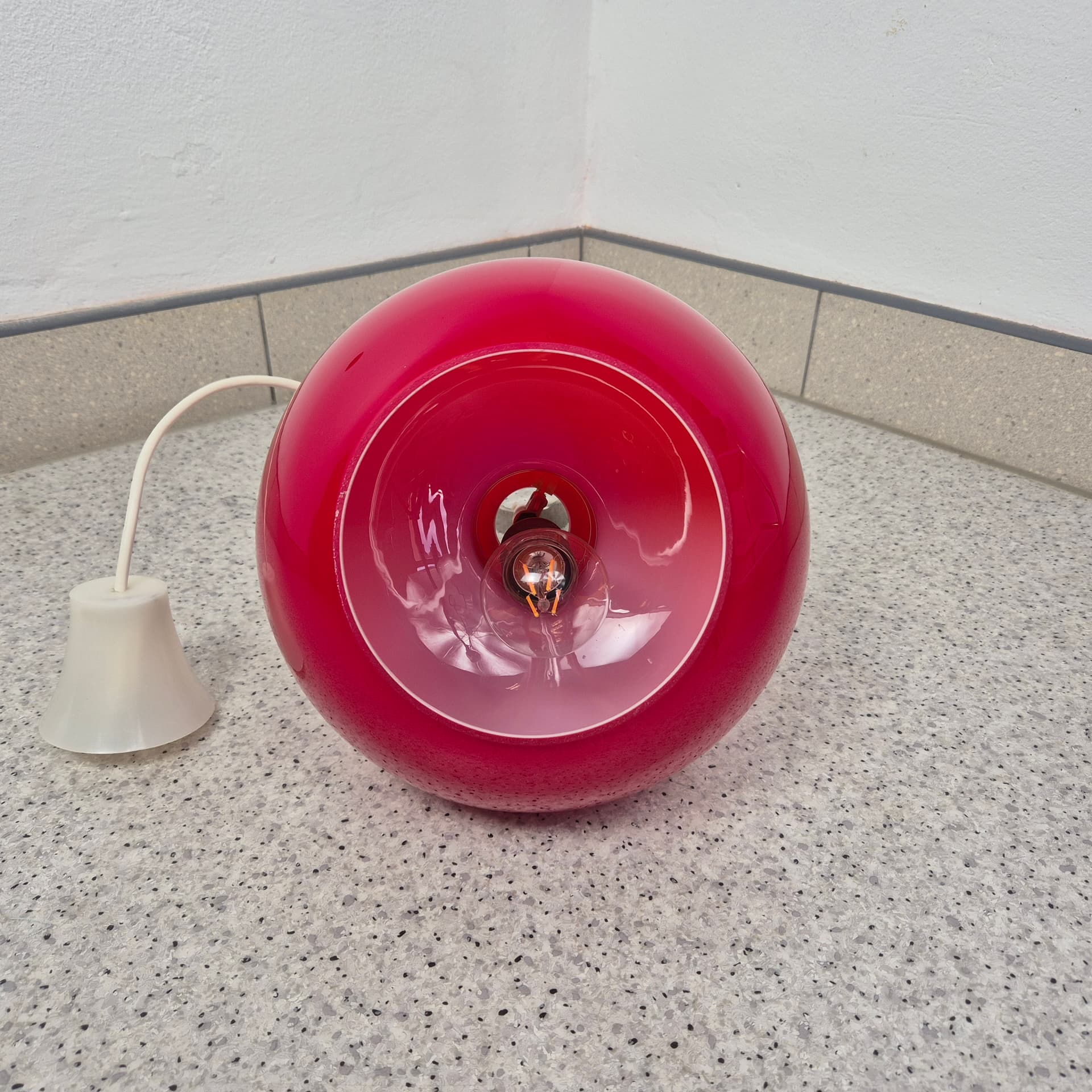 Ceiling lamp, red glass, Polam, Poland, 1960s. - 142715