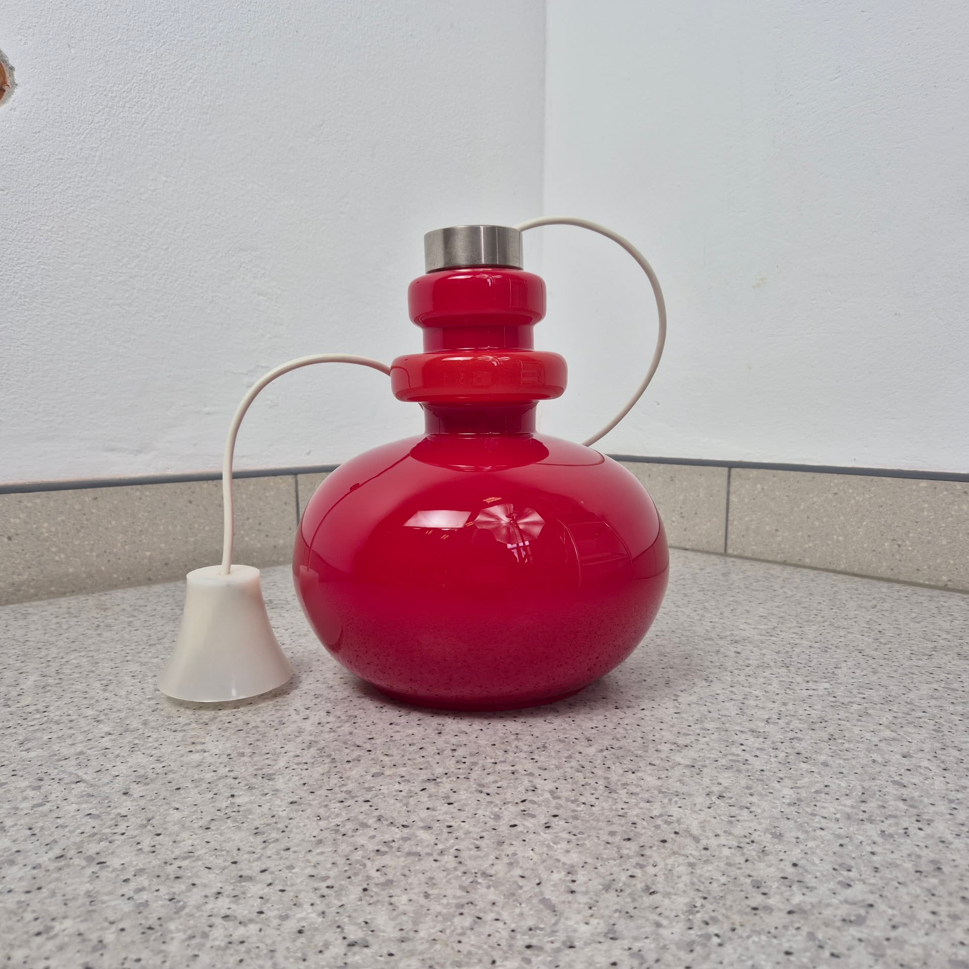 Ceiling lamp, red glass, Polam, Poland, 1960s. - 142711