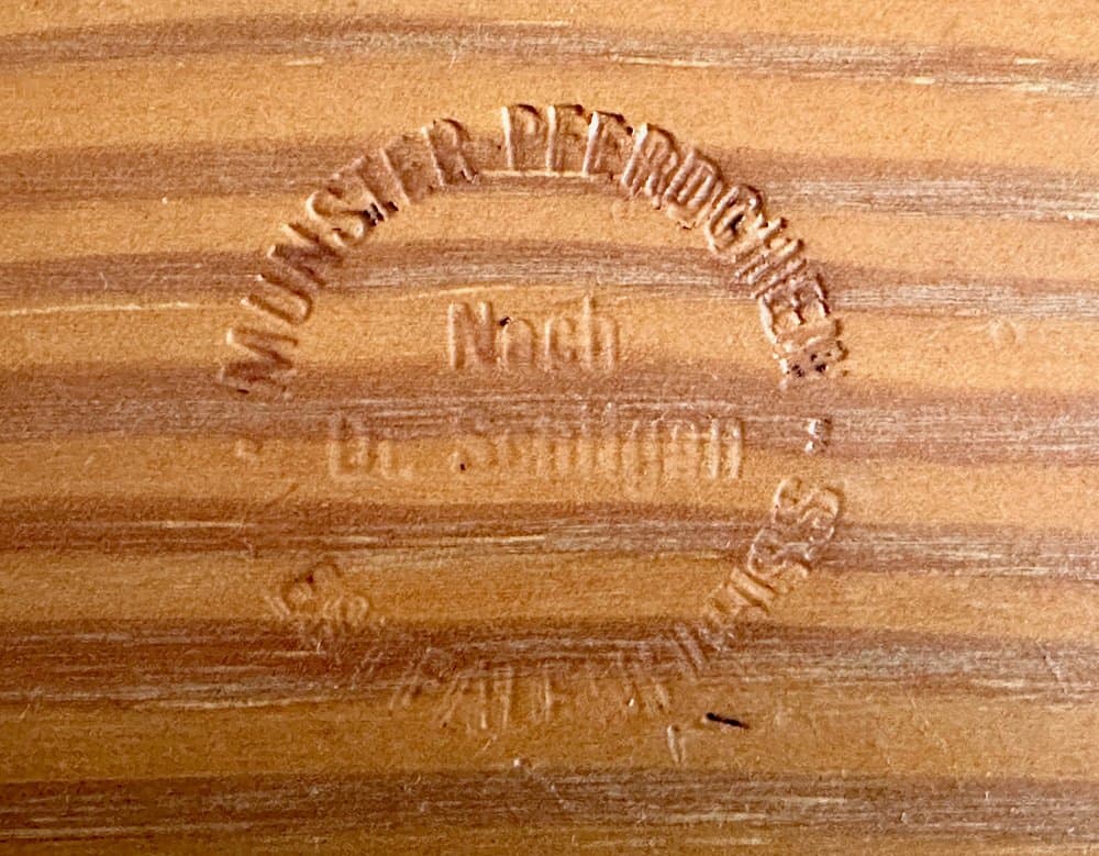 Chodzik dziecięcy, brązowy, drewno, skóra ekologiczna czerwona, metal, Niemcy, lata 60. - 156506