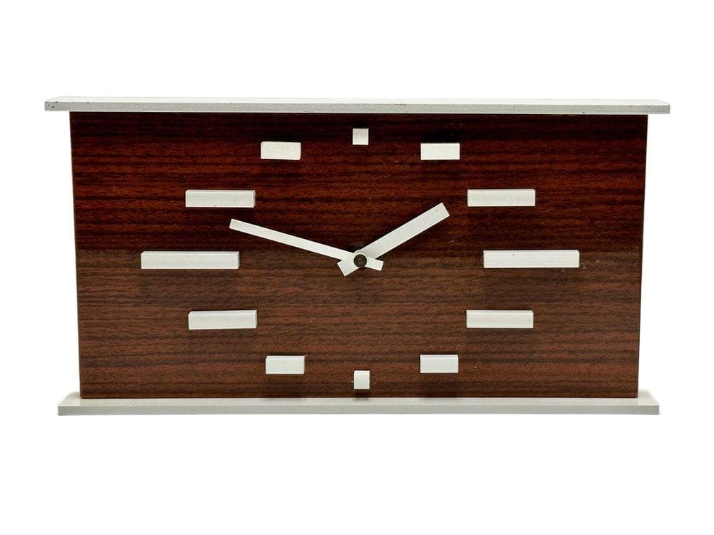 Table clock, dark brown, aluminum, plastic, Germany, 1970s.