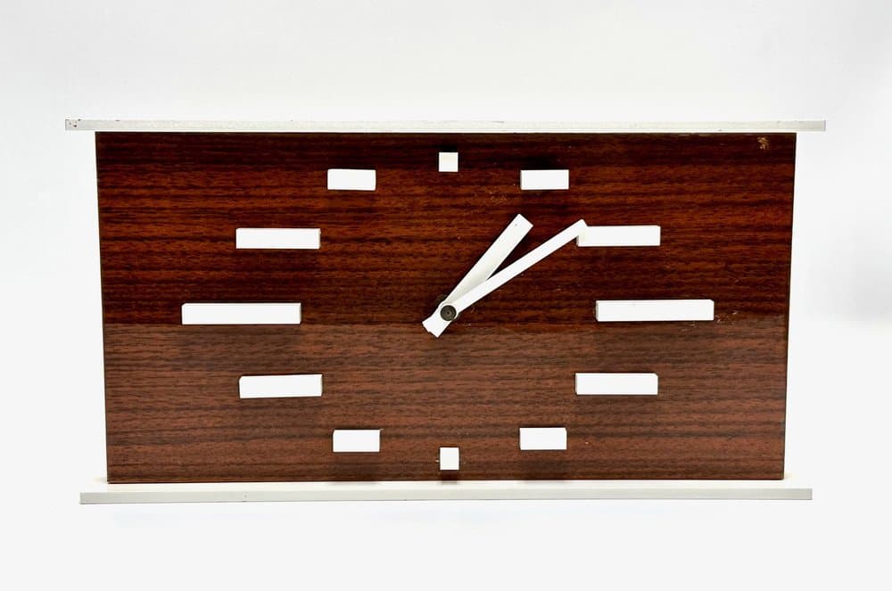 Table clock, dark brown, aluminum, plastic, Germany, 1970s. - 156603