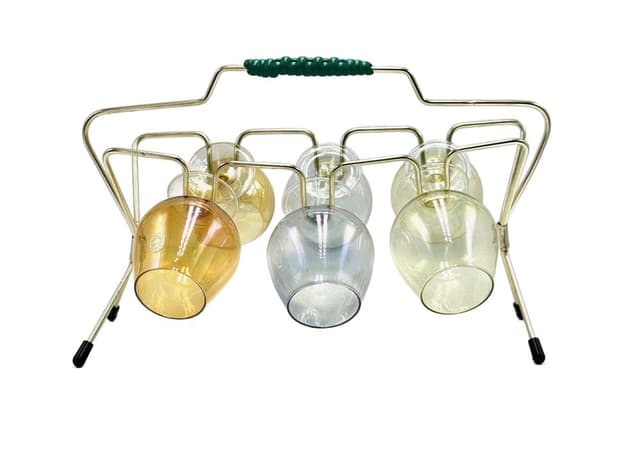 Zestaw kieliszków artystycznych z stojakiem, złoty, szkło, metal, plastik, Niemcy, lata 50. - WYMIARY