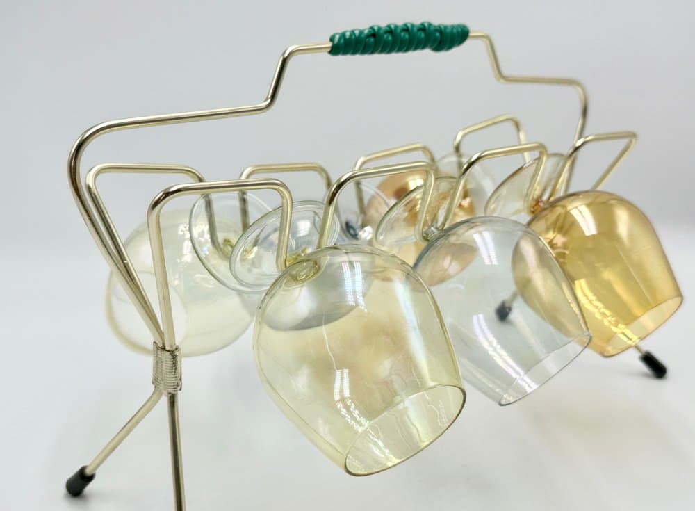 Zestaw kieliszków artystycznych z stojakiem, złoty, szkło, metal, plastik, Niemcy, lata 50. - 156649