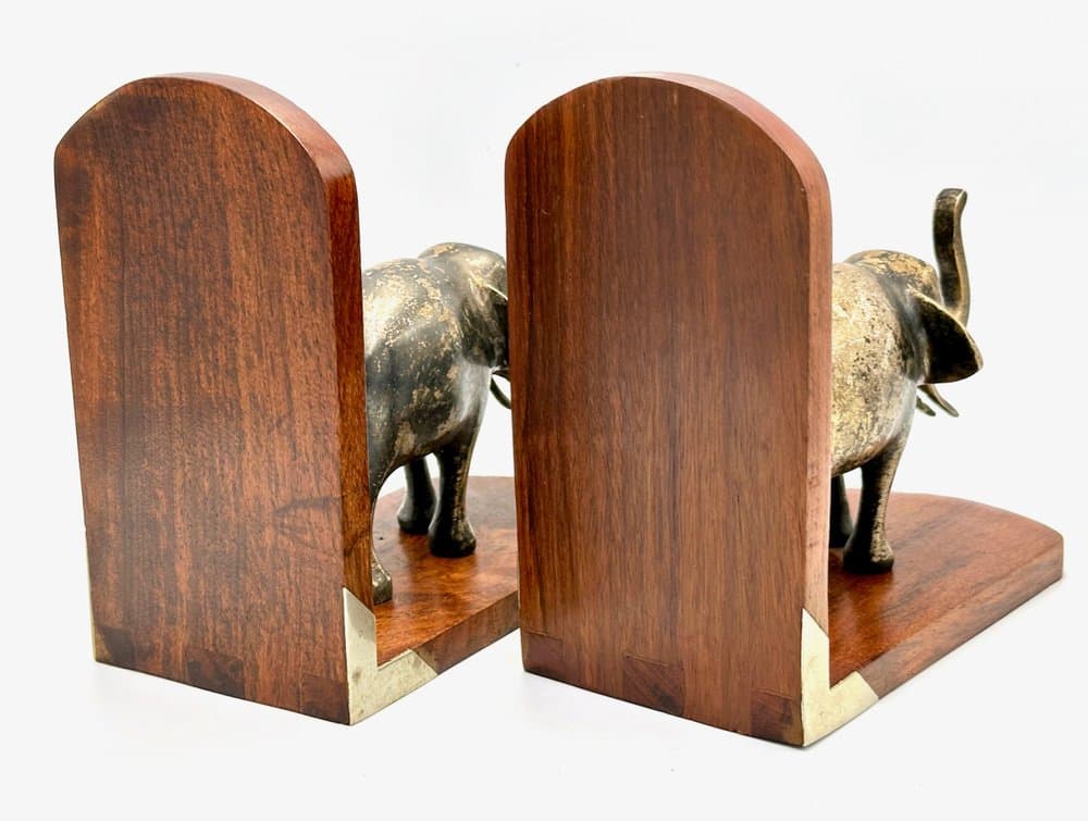 Para podpórek do książek z motywem słonia, mosiądz srebrny, teak, lata 60. - 156714