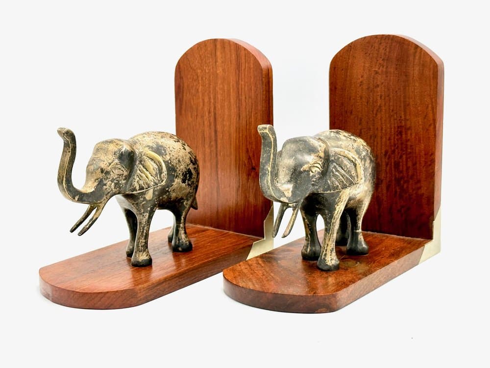 Para podpórek do książek z motywem słonia, mosiądz srebrny, teak, lata 60. - 156711