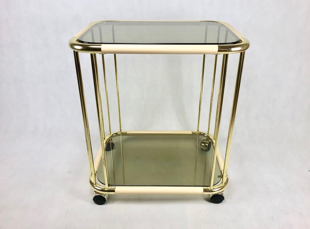Wózek barowy, mosiądz złoty, szkło przyciemniane, Włochy, lata 60. - 156804