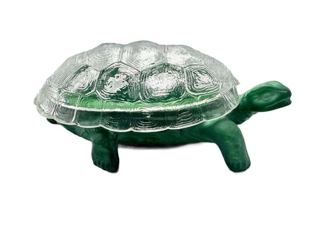 Pojemnik dekoracyjny Żółw, szkło zielone i transparentne, proj. C. Schlevogt, Czechy, lata 60. - WYMIARY