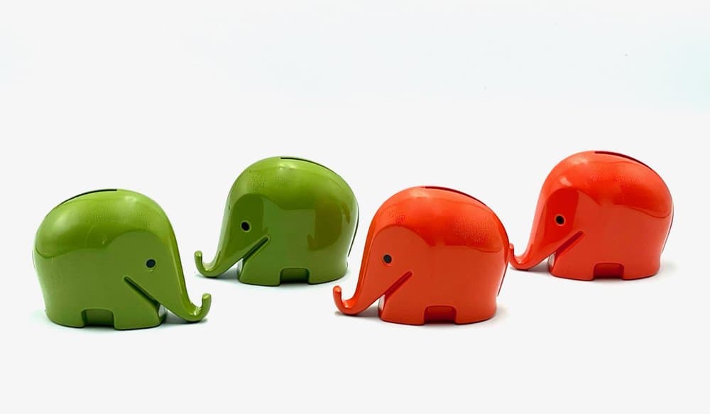 zestaw czterech skarbonek Drumbo, zielony i czerwony, plastik, proj. L. Colani, Włochy, lata 70. - 156881