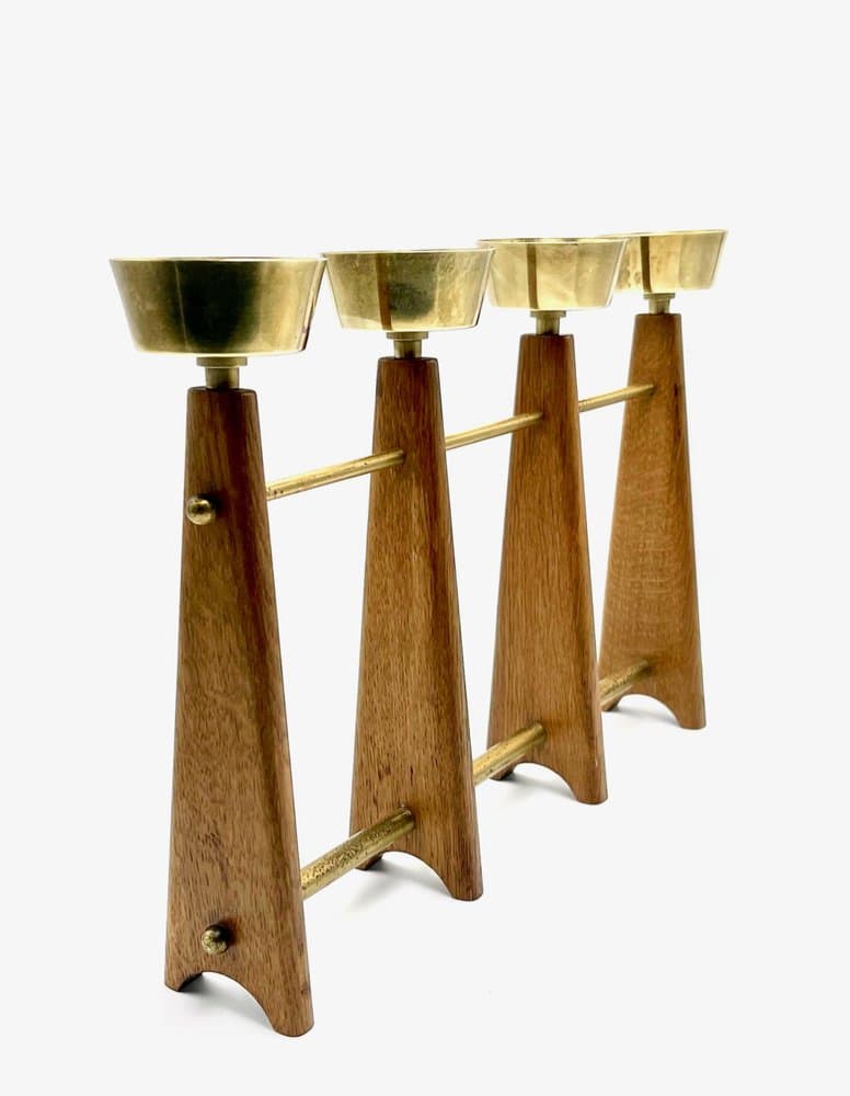 Candleholder, light brown teak, brass, Denmark, 1960s. - 156968