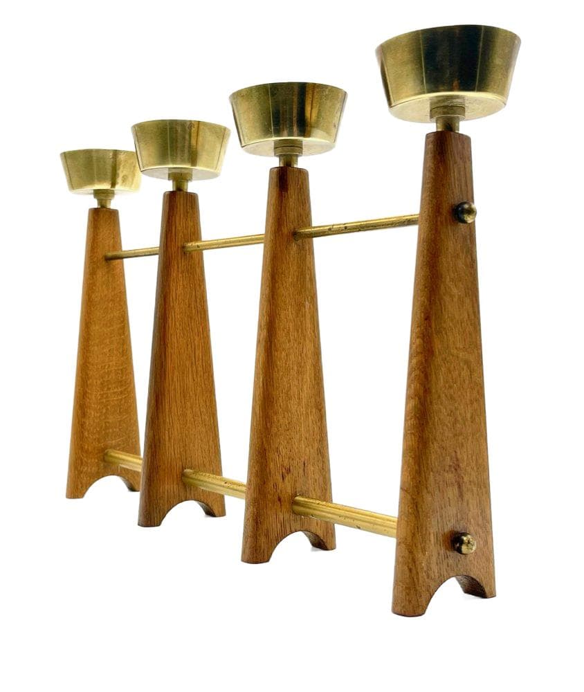 Candleholder, light brown teak, brass, Denmark, 1960s.