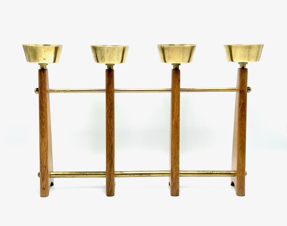 Candleholder, light brown teak, brass, Denmark, 1960s. - 156966