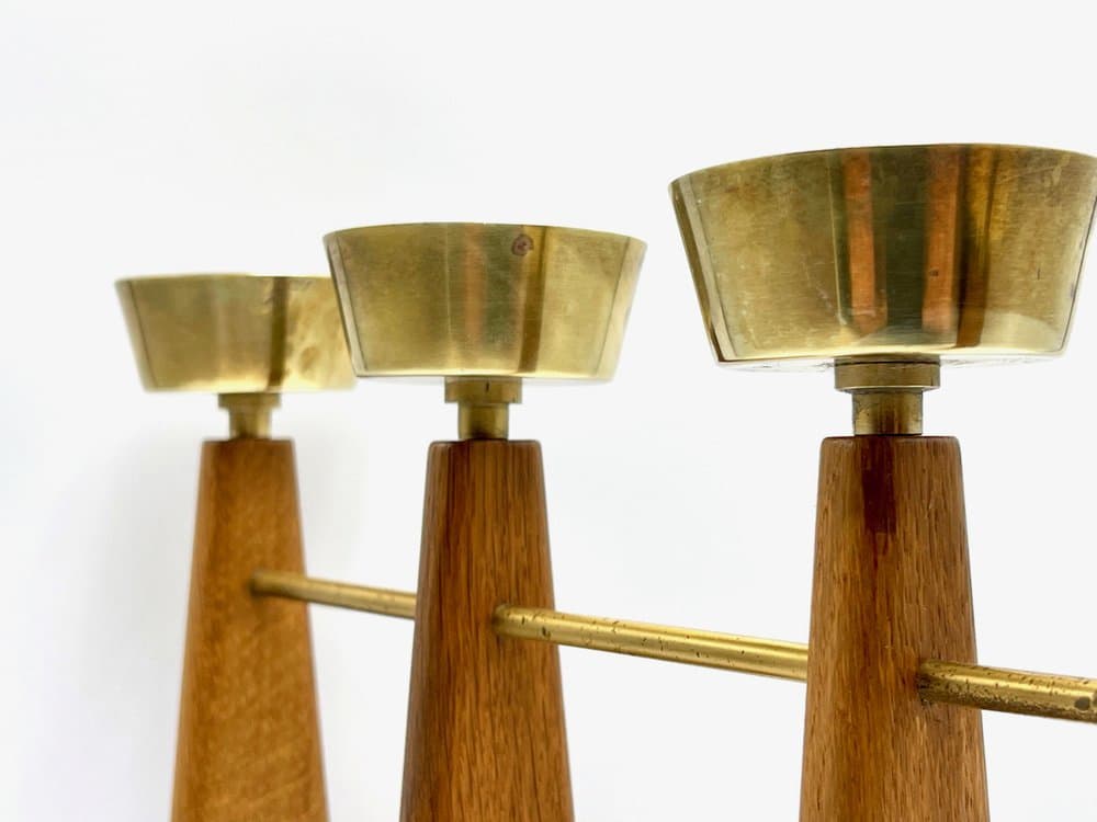 Candleholder, light brown teak, brass, Denmark, 1960s. - 156973