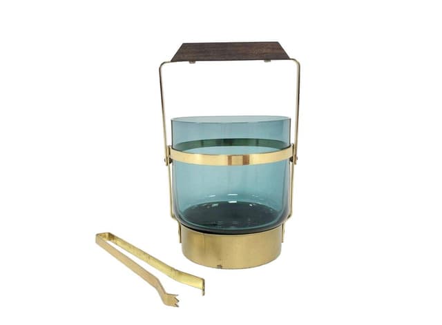 Ice bucket, blue glass, brass, teak, Denmark, 1960s. - DIMENSION