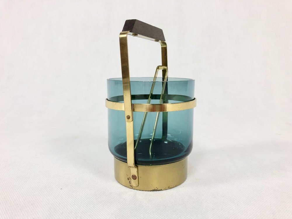 Ice bucket, blue glass, brass, teak, Denmark, 1960s. - 157026