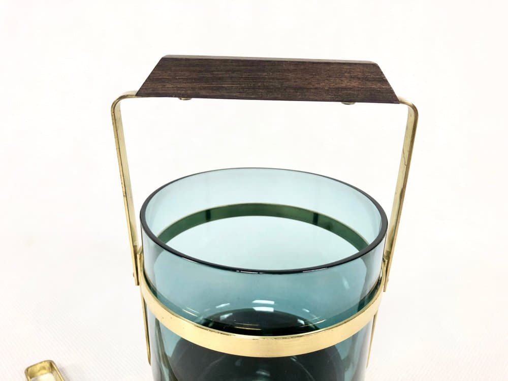 Ice bucket, blue glass, brass, teak, Denmark, 1960s. - 157028