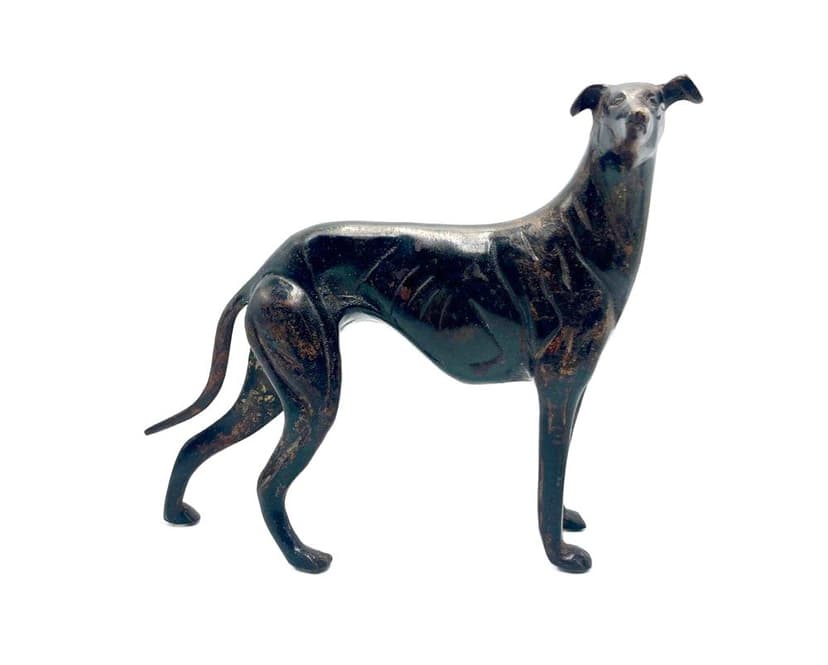 Figurka whippet, art déco, żeliwo ciemny brąz, lata 60.