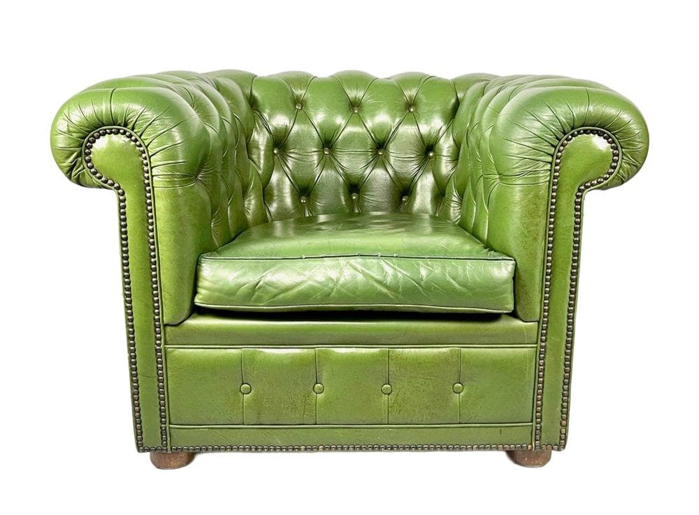Fotel Chesterfield, zielony, skóra, Francja, lata 70.