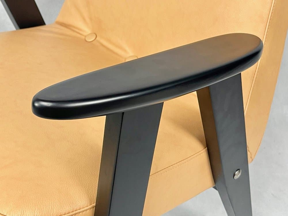 Armchair 366, beige leather, black beech, by J. Chierowski, Poland, 1960s. - 157163