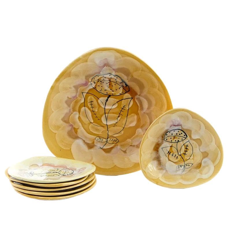 Yellow Modernist Faience Cake Set, Włocławek, Poland, 1950s