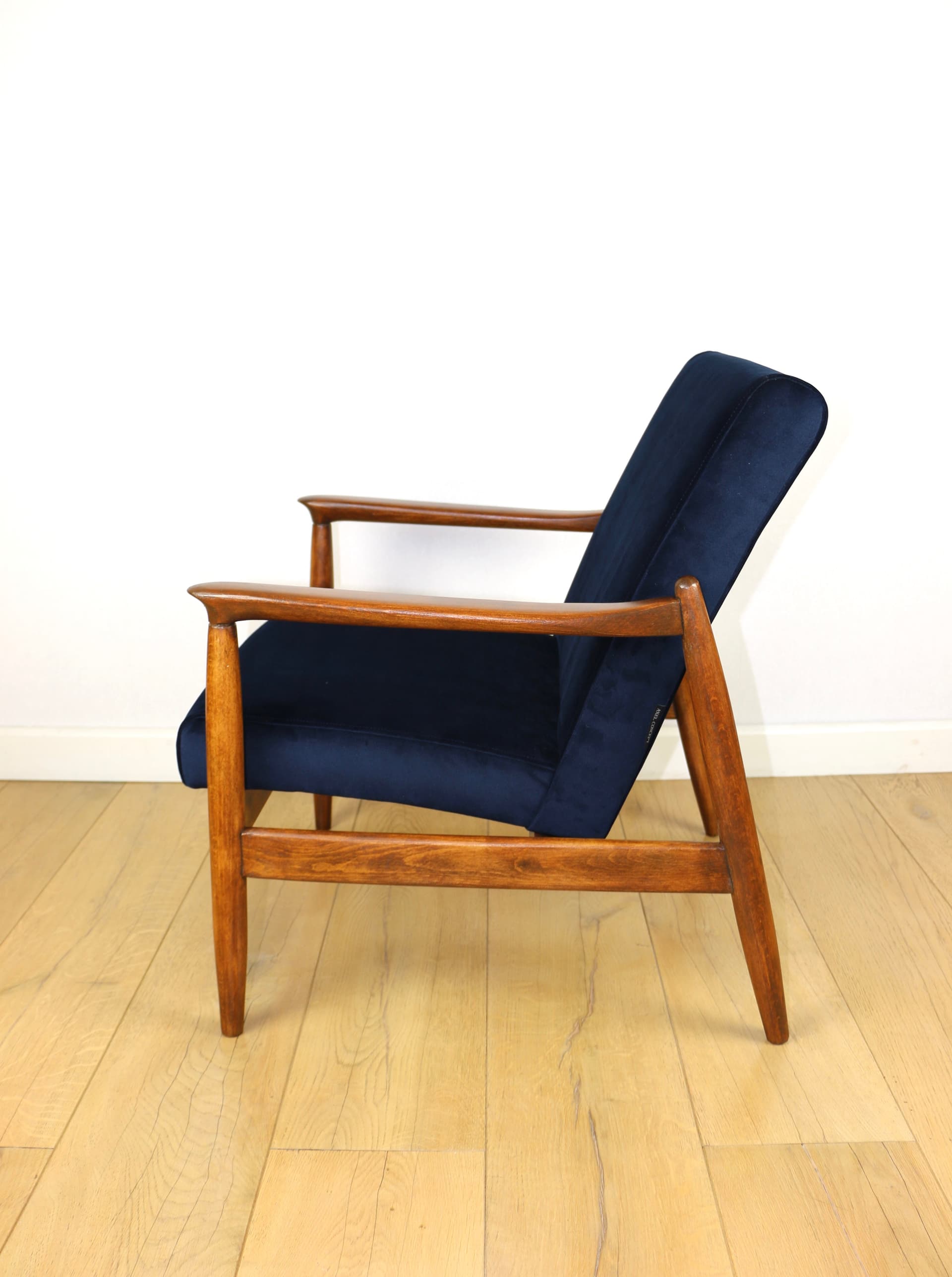 Armchair GFM-64, yellow textured fabric, dark brown wood, by E. Homa, Poland, 1960s. - 147229