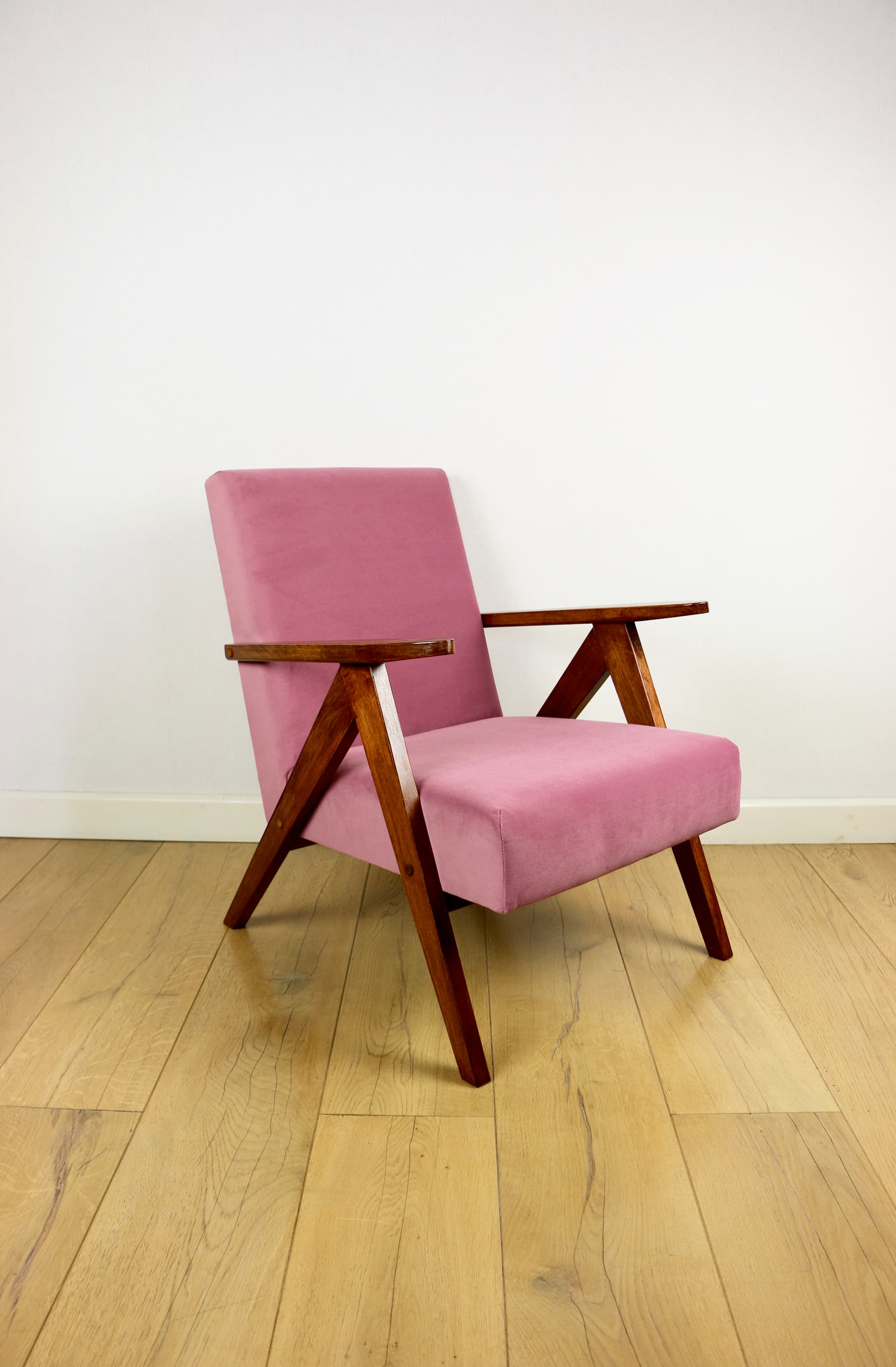 Armchair B-310 VAR, pink velvet, dark brown wood, Poland, 1970s. - 147334