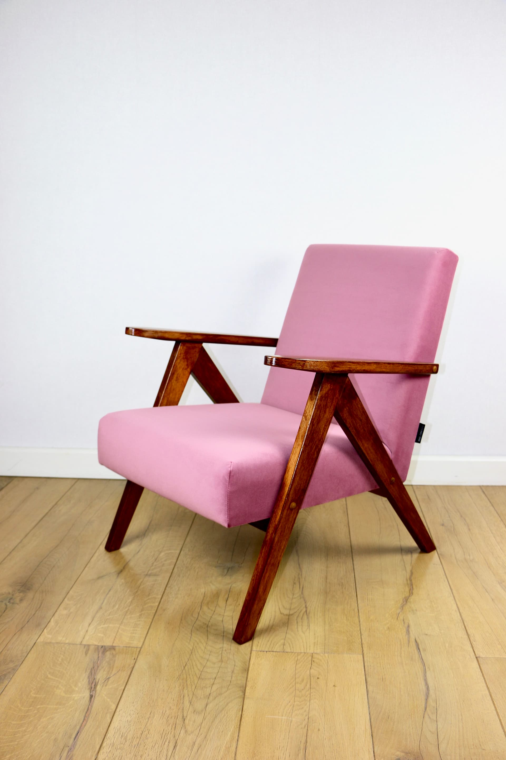 Armchair B-310 VAR, pink velvet, dark brown wood, Poland, 1970s. - 147333