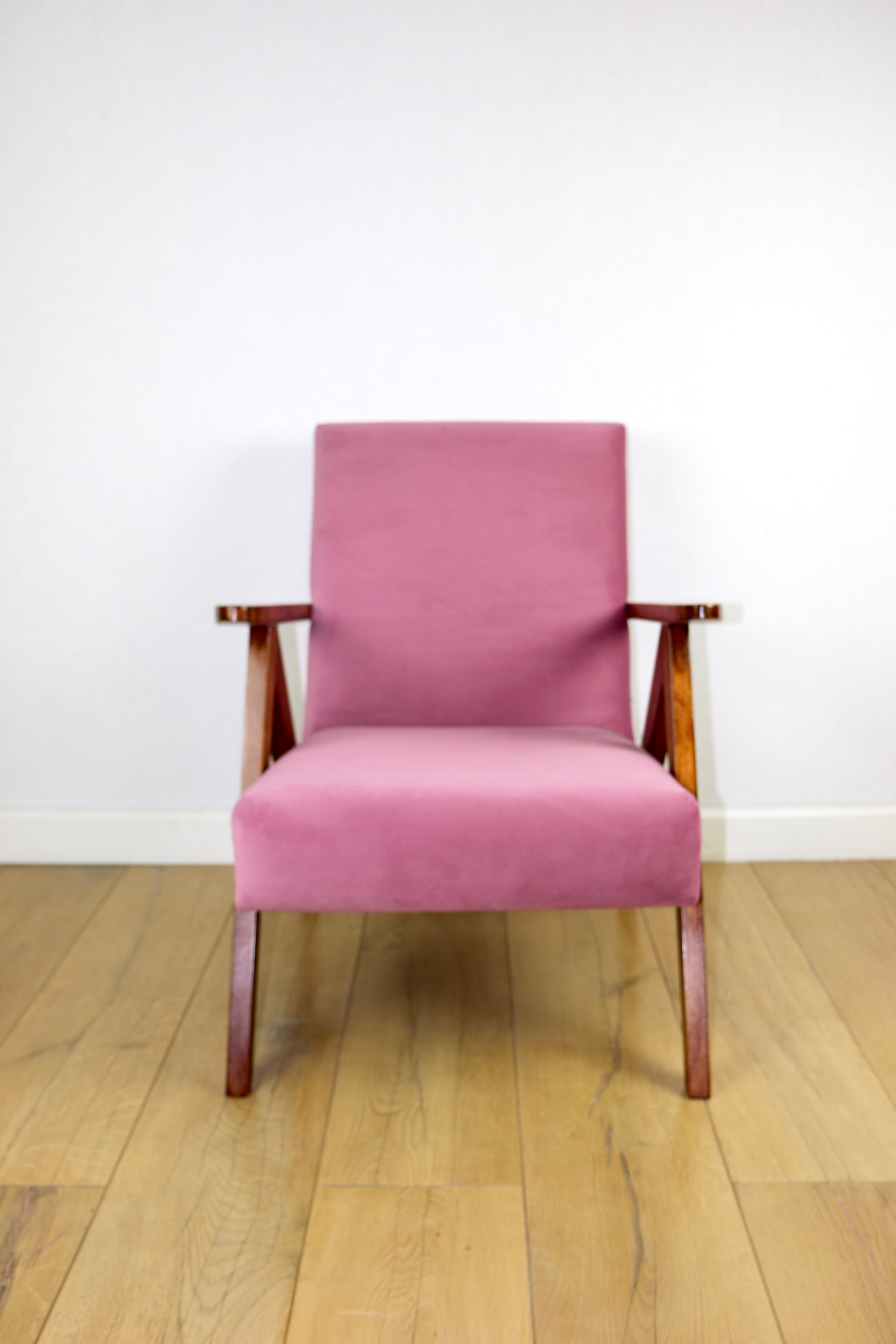 Armchair B-310 VAR, pink velvet, dark brown wood, Poland, 1970s. - 147328